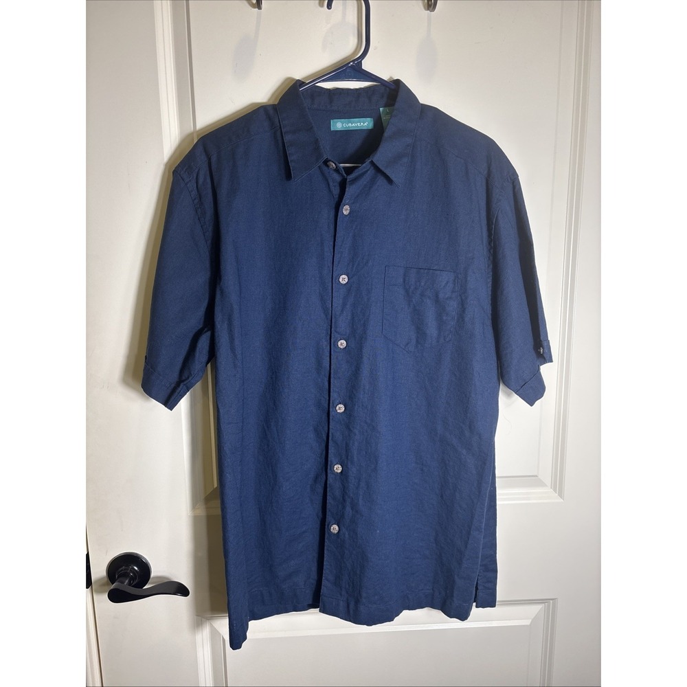 Cubavera Linen Blend Men Large Button Up Short Sleeve Navy Beach Resort Coastal